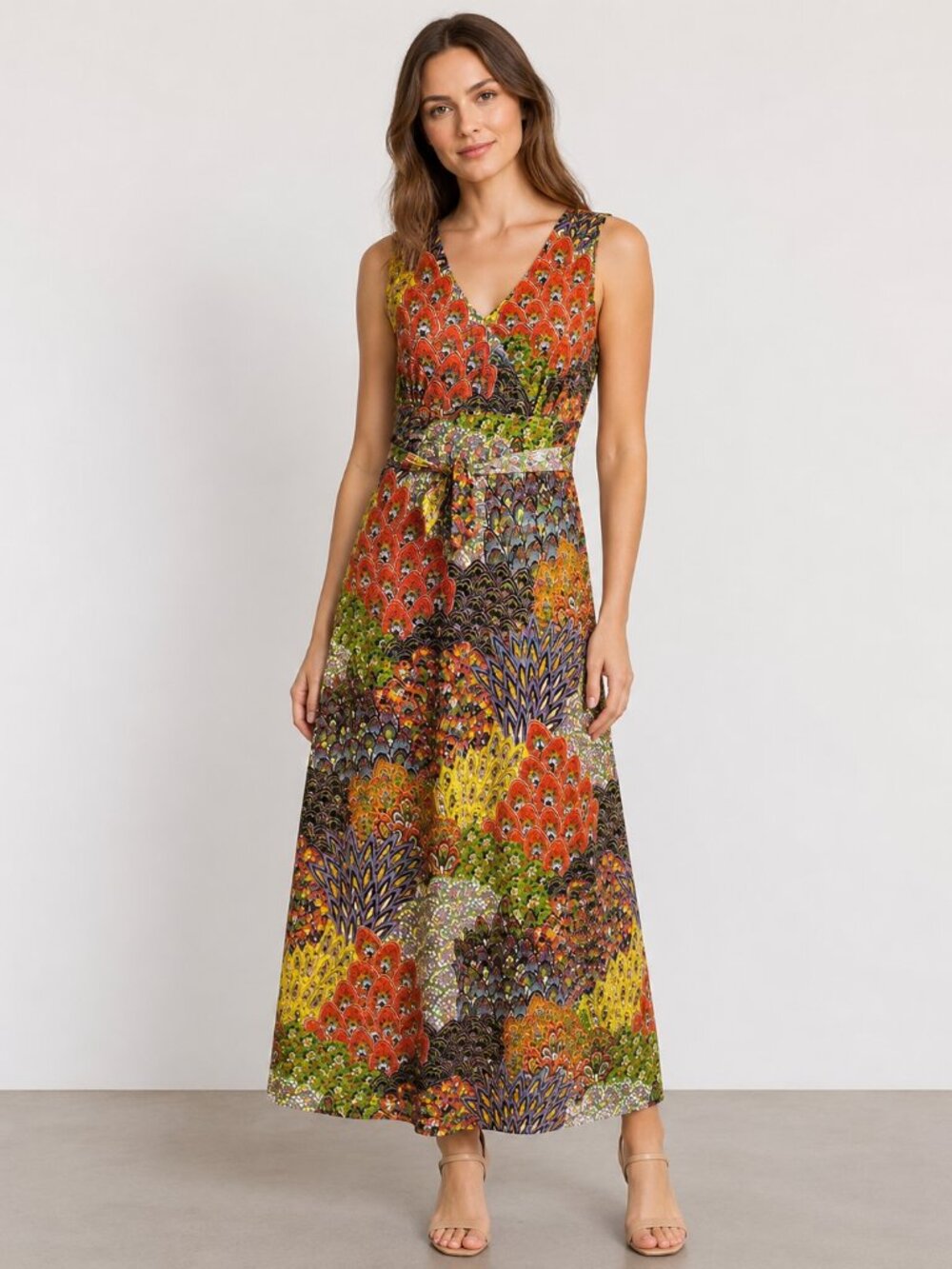 TravelSmith 70s Boho Peacock Patchwork Liquid Jersey Knit Maxi Dress SZ Medium